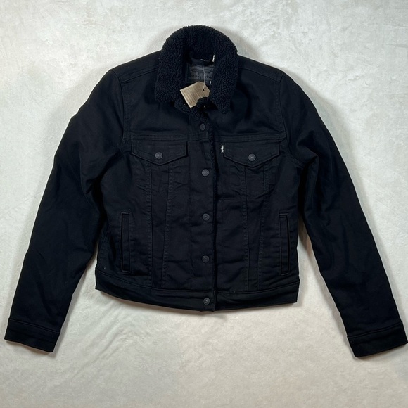 NWT LEVI’s Women Small Black Biker Pile Cotton Aviator Bomber Jacket Coat Chic - Picture 1 of 14
